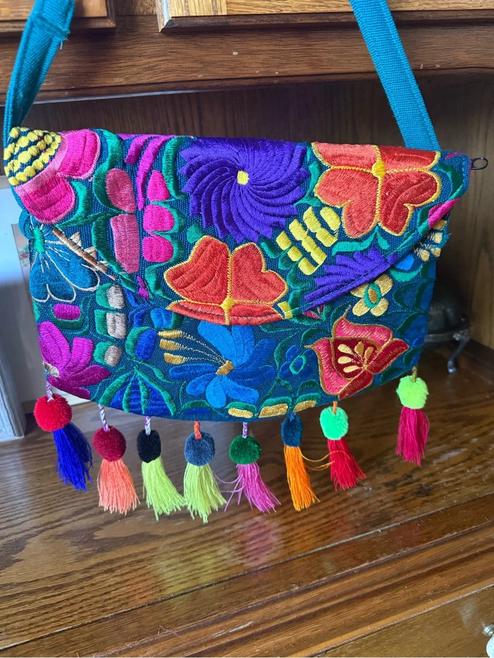 Colorful Floral Embroidered Crossbody Bag - Teal Strap